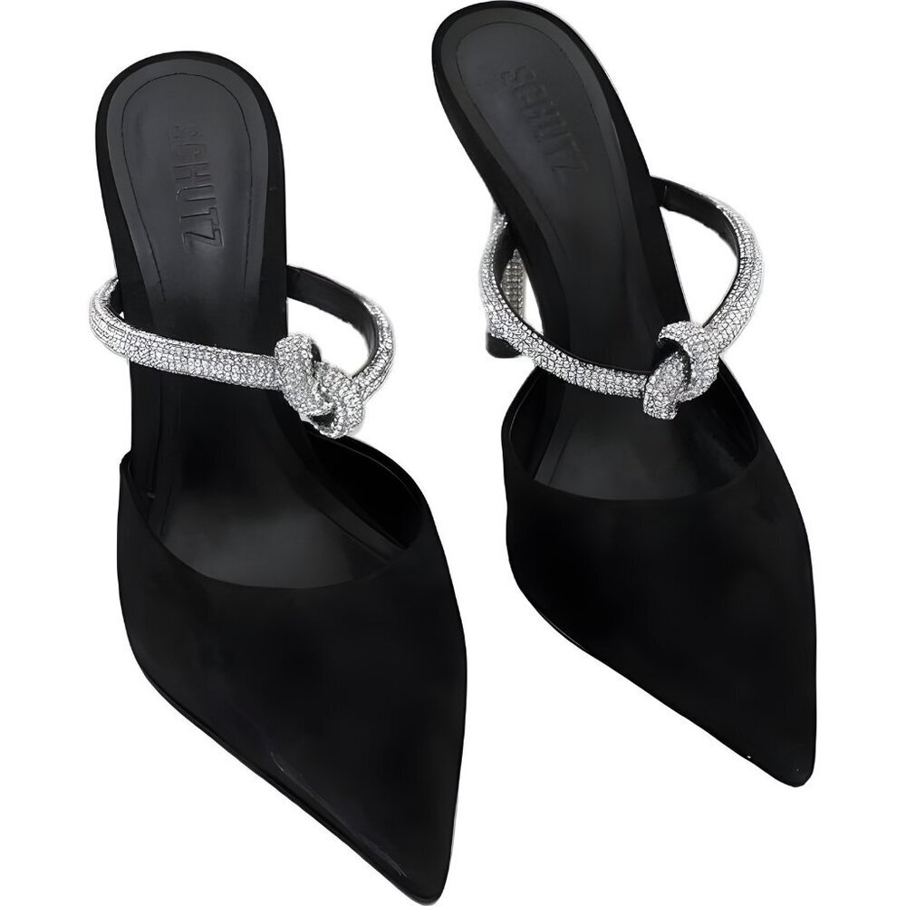 SCHUTZ Black Pointed Mule Heels with Silver Crystal Knot Strap